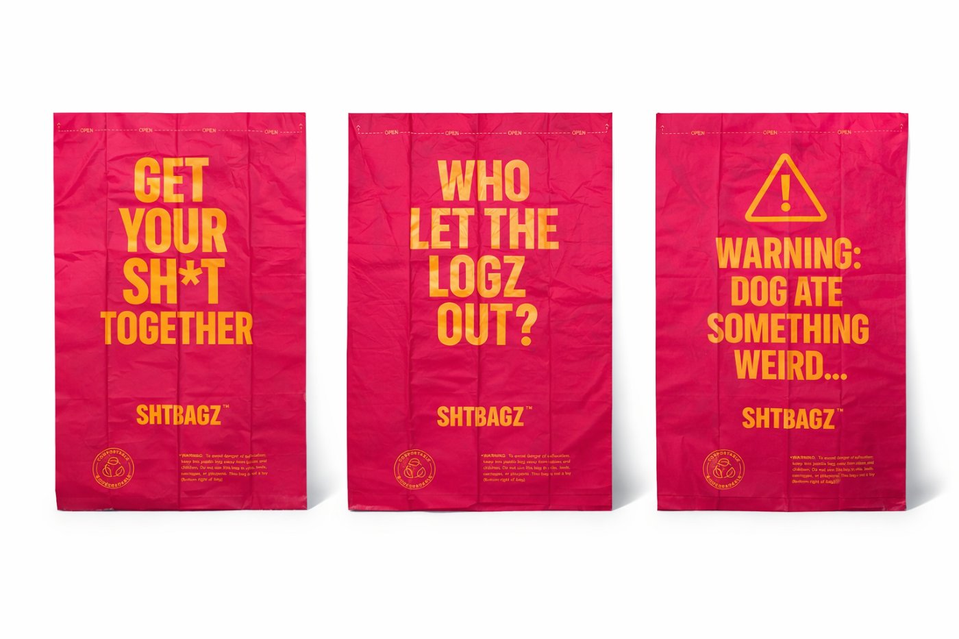 Three hot pink SHTBAGZ bags printed with sassy phrases